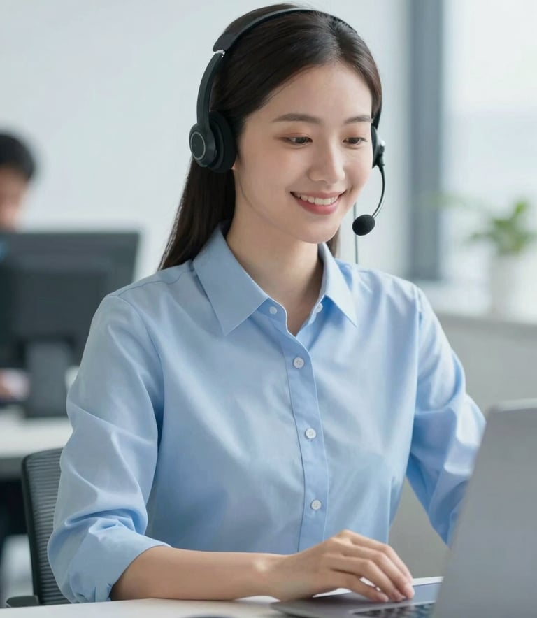 A professional tele-attendance agent wearing a headset, smiling slightly while working at a clean, modern desk. Soft natural lighting. The color palette features #F0F5F8 and #7DA9CD to convey a trustworthy and approachable corporate image.