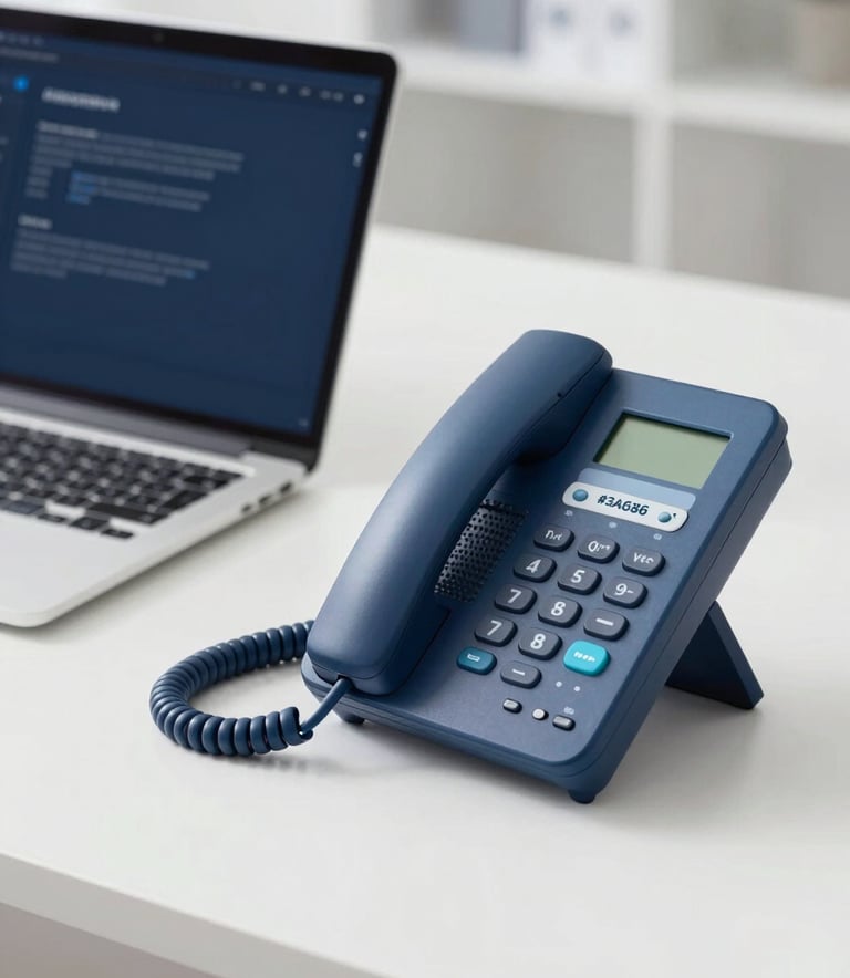 Close-up of a professional desk with a laptop and a high-end VoIP phone. The scene is clean, organized, and professional, utilizing brand colors #3A6389 in the device accents and #7DA9CD in the soft lighting.
