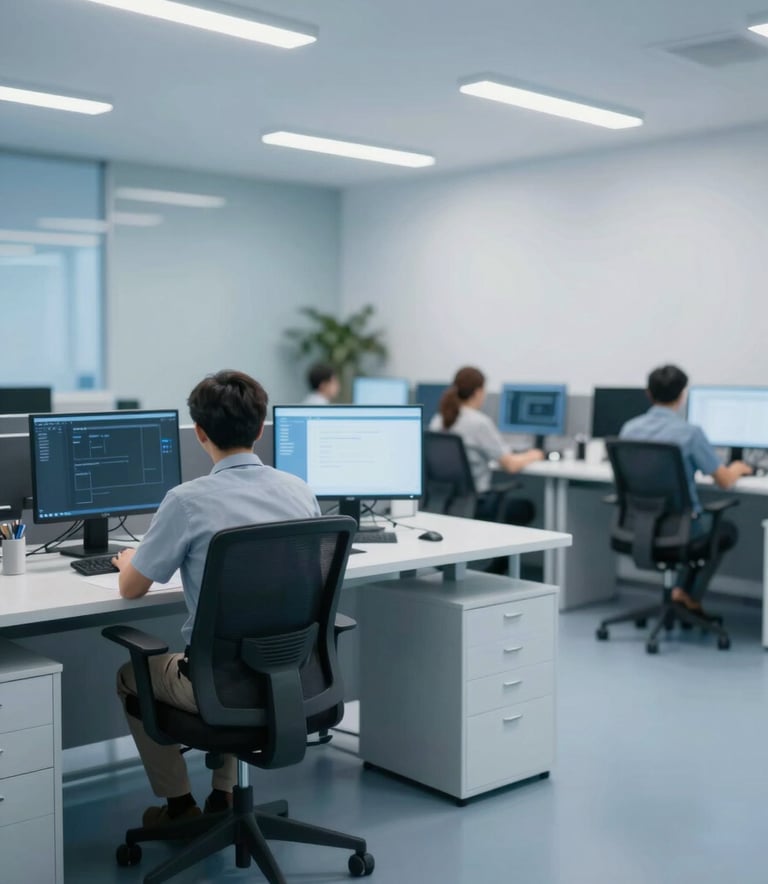 A wide shot of a contemporary tele-attendance center with ergonomic furniture. The lighting is bright and professional. The color palette of the room incorporates #3A6389 and #F0F5F8, showing a high-tech, trustworthy environment.