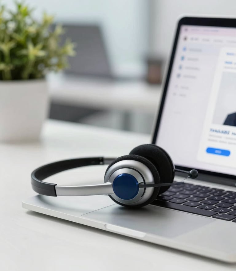A close-up shot of a modern professional workstation for tele-attendance. A high-quality headset rests next to a sleek laptop. The lighting is bright and clear, with subtle brand colors #3A6389 integrated through office decor. Professional and efficient atmosphere.