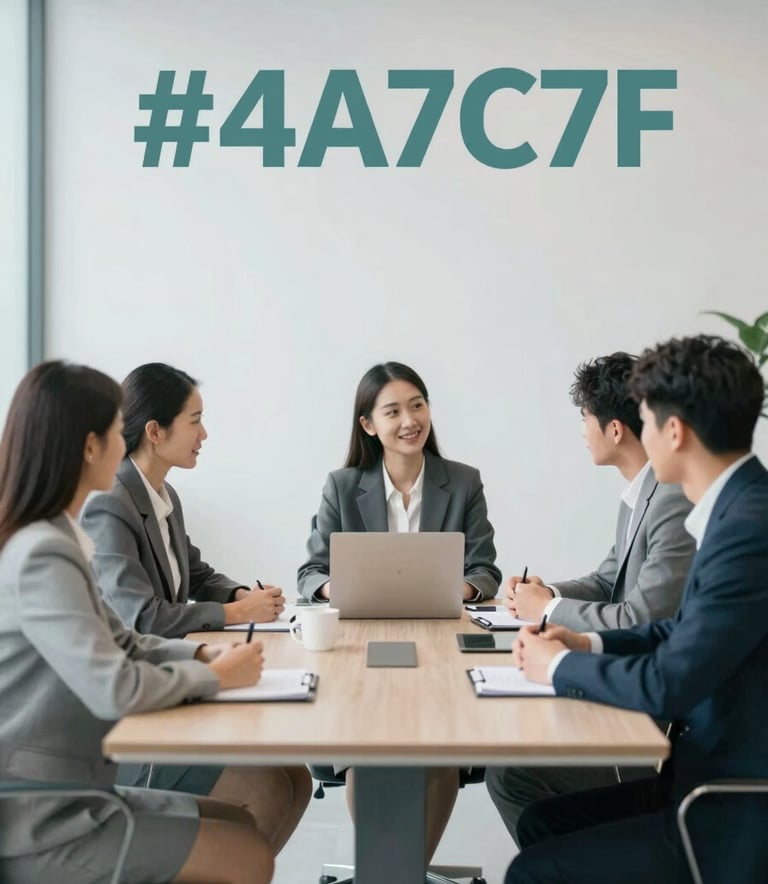 A professional business meeting in a bright, modern office with minimalist furniture. The color palette features soft teals (#4A7C7F) and greys, reflecting a trustworthy corporate environment.