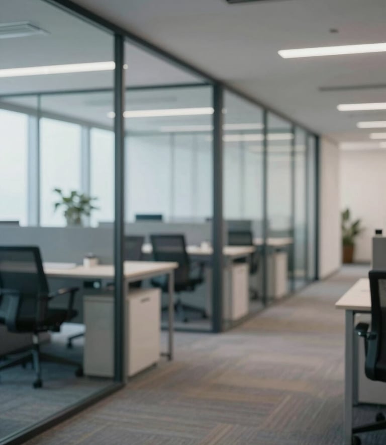 A wide shot of a modern, professional office environment with clean lines, glass partitions, and a palette of #1A2C38 and #F8F8F4. No people are clearly visible, focusing on the calm and secure atmosphere of the workspace.