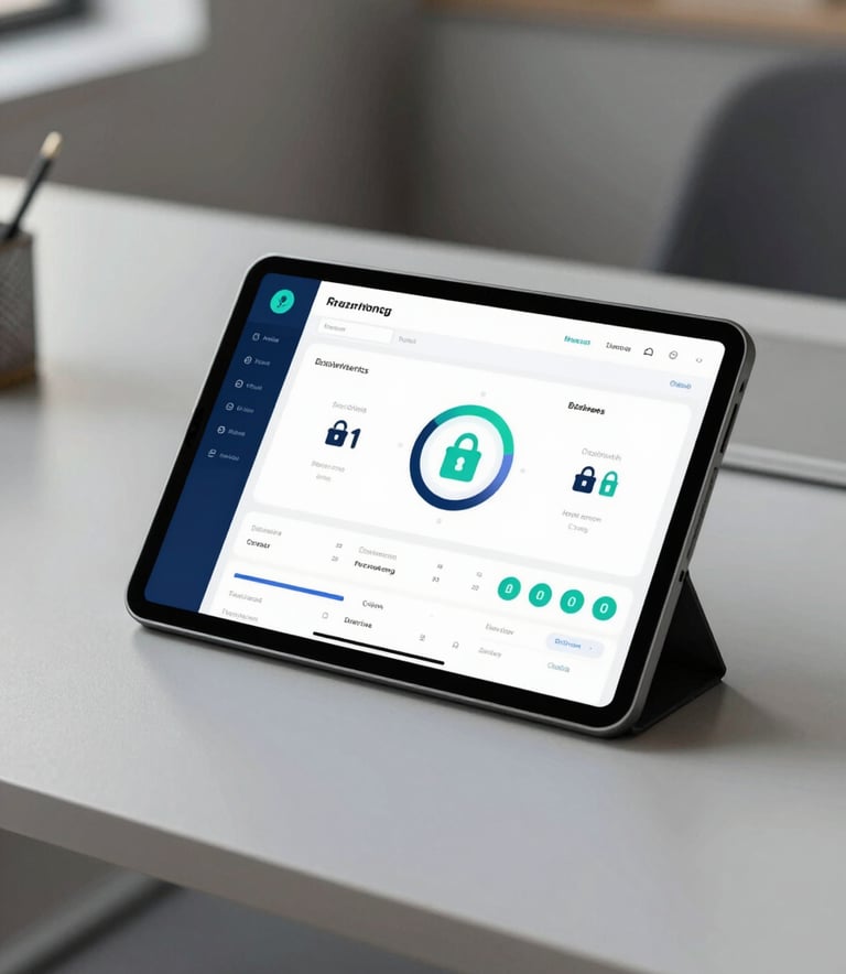 A high-end, minimalist office desk with a tablet displaying a clean financial dashboard with secure icons. The lighting is soft and natural, emphasizing professional efficiency. Colors include deep blues and teals from the brand palette.