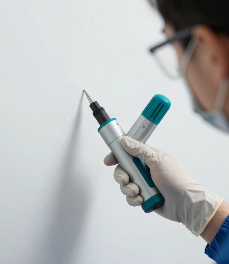 A close-up, high-angle shot of a professional pest control technician's gloved hand using specialized precision equipment to treat a corner. The lighting is clean and clinical, with a palette dominated by #1F4287 and silver tones, emphasizing safety and technical expertise.