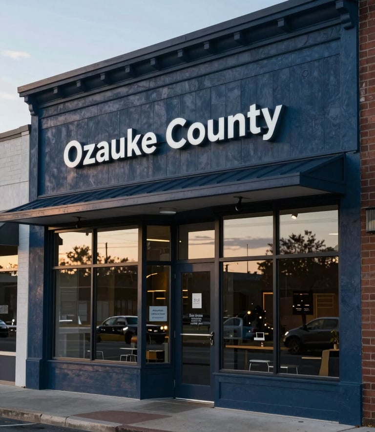 A sharp, professional wide-angle photograph of a local storefront in Ozaukee County, Wisconsin, featuring clean architecture and a modern atmosphere. The scene is illuminated by the soft light of a mid-western morning, reflecting a sense of reliable partnership and community growth. Palette colors include deep blue and charcoal tones.