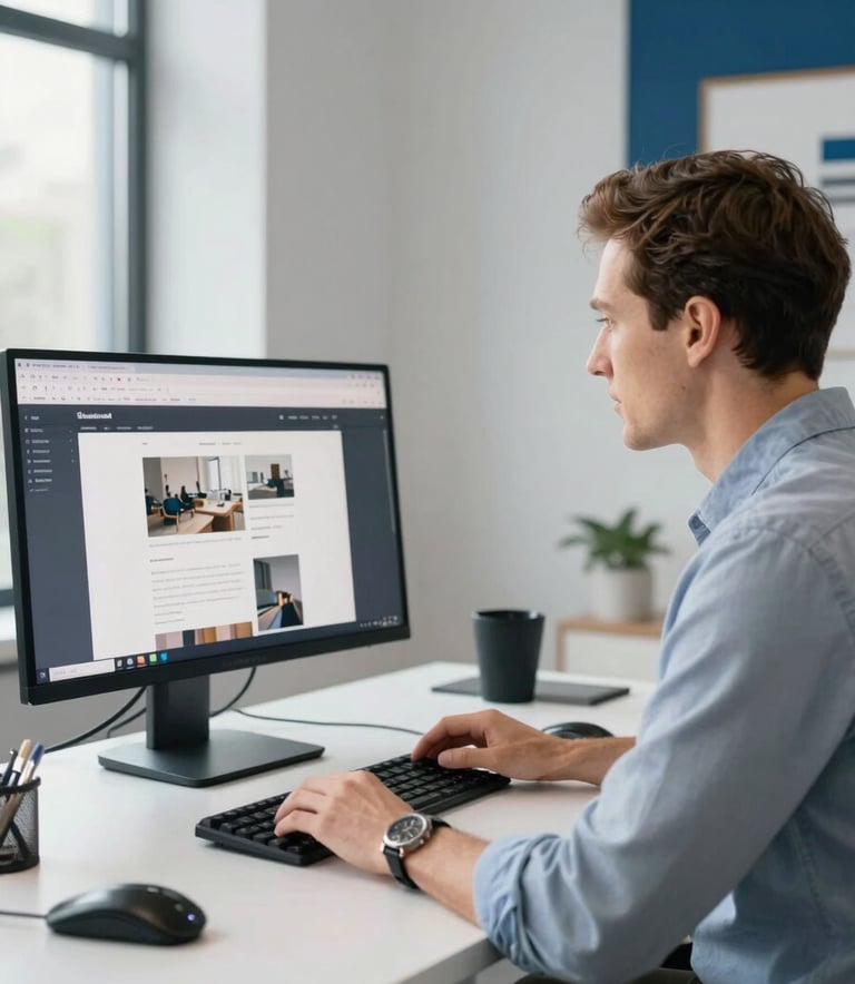A professional portrait of a consultant in a bright, modern studio in Port Washington, Wisconsin. They are working at a desk with design tools and a large monitor showing a web layout. The setting is clean and approachable with light grey and deep blue accents.