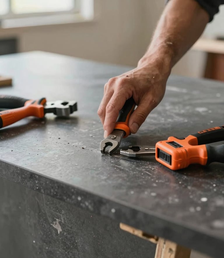 Close-up photography of a renovation in progress in a North American / US (Los Angeles) home, showing a hand using tools on a new dark gray countertop installation, construction orange and steel blue tools visible in the frame.