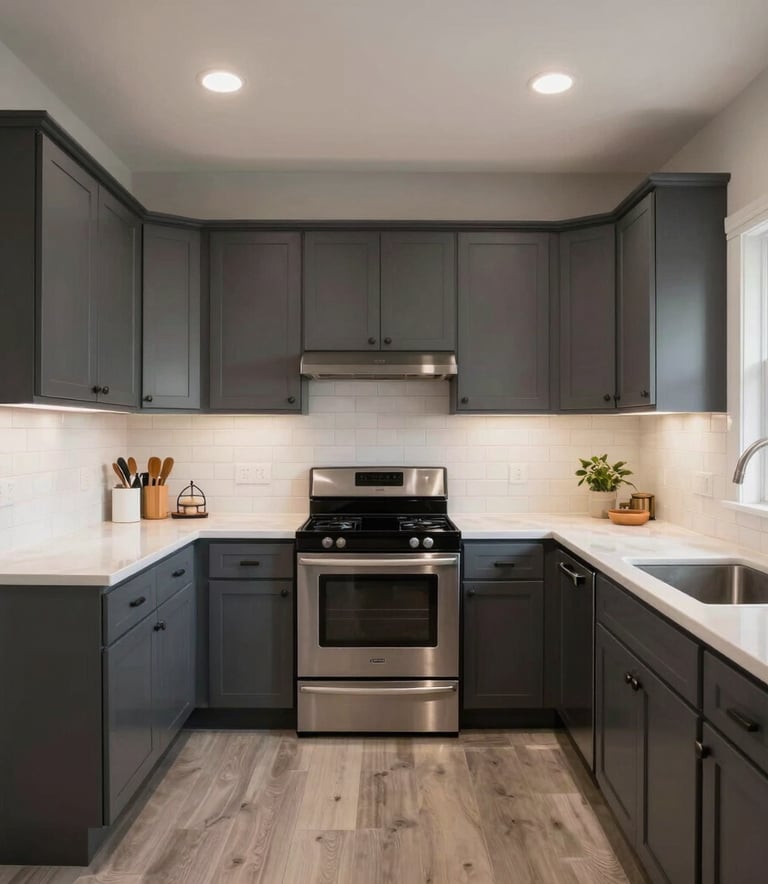 A wide angle interior shot of a fully renovated, practical kitchen in a North American / US (Los Angeles) home, featuring clean dark gray cabinetry and white tile backsplashes.