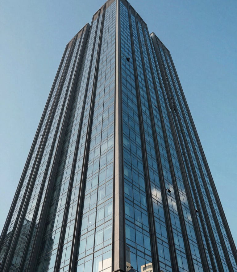 A low angle, high-resolution architectural photograph of a modern glass skyscraper in Lahore, Pakistan, reflecting the bright sky blue of a clear day against sleek dark grey steel frames.