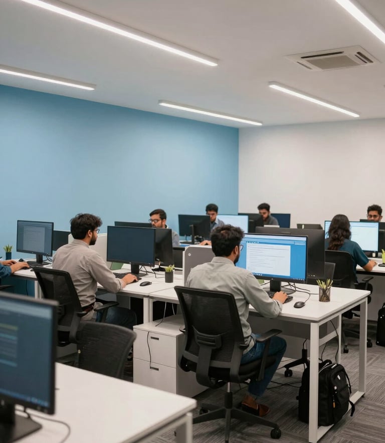 A wide shot of a bright, modern digital agency workspace in Lahore, Pakistan. The office features minimalist furniture, sky blue wall accents, and people working on advanced computers. The lighting is clean and professional, emphasizing a dynamic and innovative work culture.