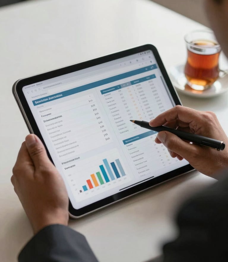 A clean, professional close-up photograph of a tablet being used by a South Asian professional in Lahore, showing SEO keywords and ranking charts, with soft morning light and a cup of tea nearby.