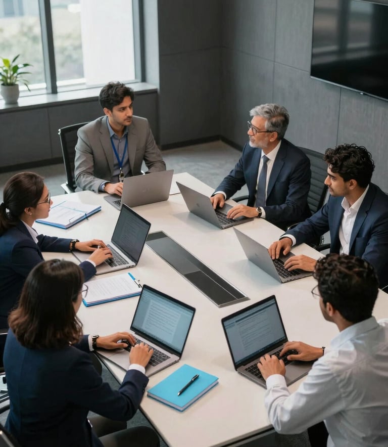 A high-angle professional photograph of a strategic brainstorming session in a modern office in Lahore, Pakistan. The scene features a sleek conference table with laptops and sky blue notebooks, with professionals in modern business attire collaborating. The room has large windows and a clean, sophisticated atmosphere with dark grey architectural accents.