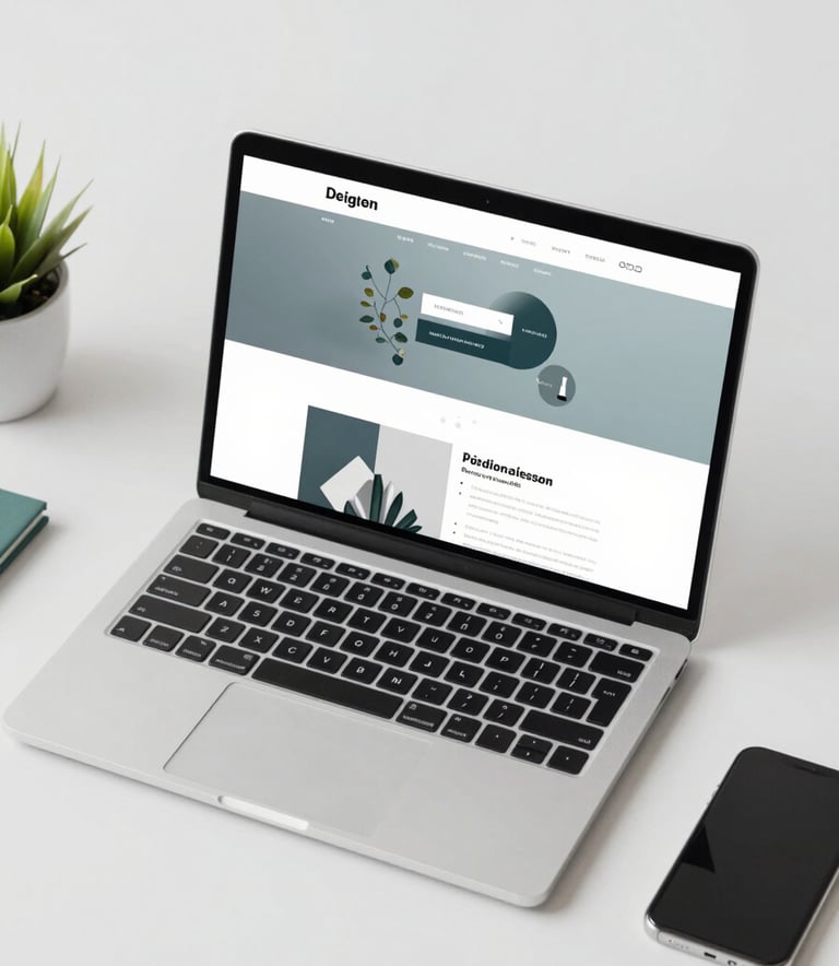 A top-down view of a designer's workspace featuring a minimalist laptop with a stunning website design on screen. The aesthetic is clean and professional, with #F4F7F8 workspace textures and subtle #3D5A73 accents in the stationery.