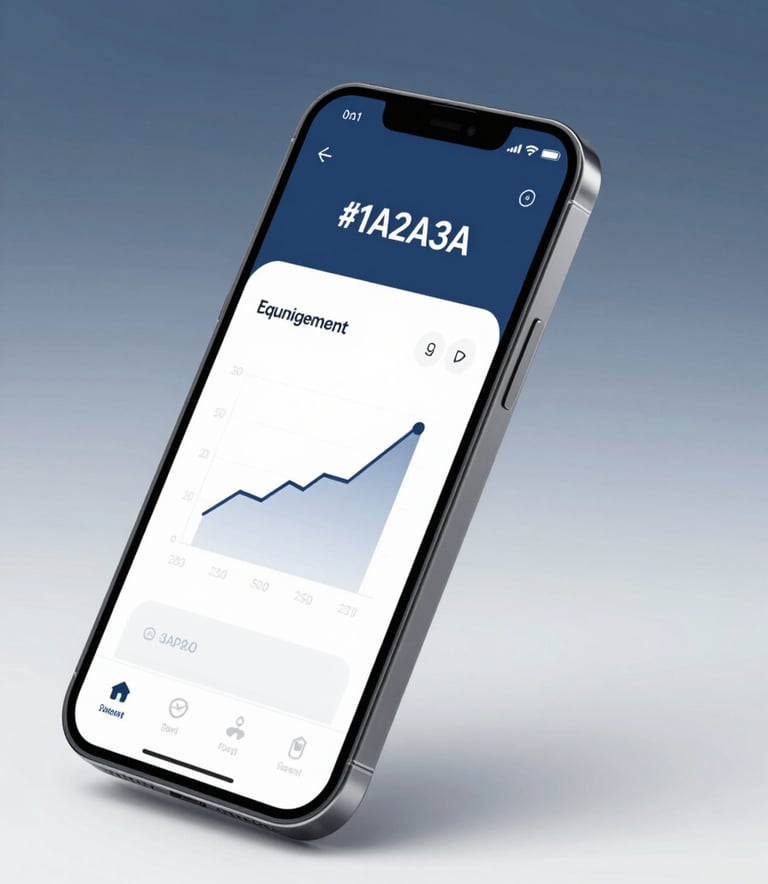 A sleek, modern mobile interface displayed on a high-end smartphone. The screen shows a clean dashboard with minimalist graphs and elegant typography. The background incorporates #1A2A3A and #3D5A73 tones with soft, professional studio lighting.
