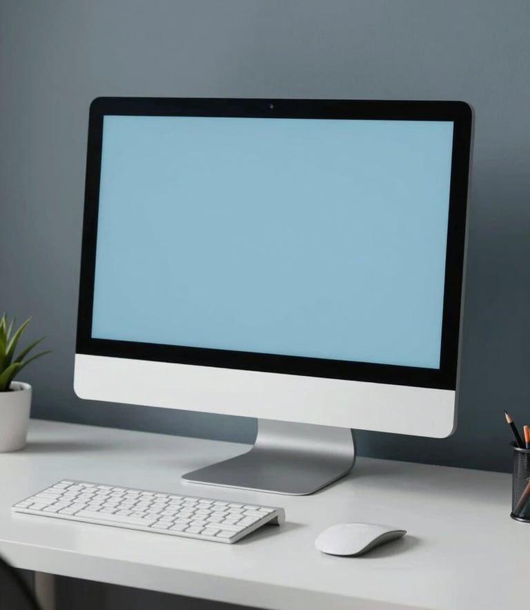 A sleek, minimalist home office setup with a high-end desktop monitor, clean white desk, and professional lighting. The image incorporates a color palette of #1A2A3A and #9FBECB with soft shadows to convey a modern, visionary design atmosphere.