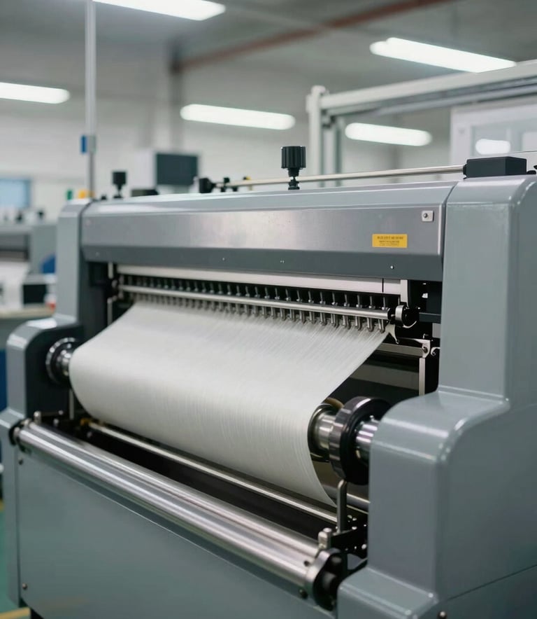 Professional photography of a sophisticated textile finishing machine within a bright, clean South Asian manufacturing plant. Steel components glisten under soft industrial lighting, conveying a sense of precision and innovation.