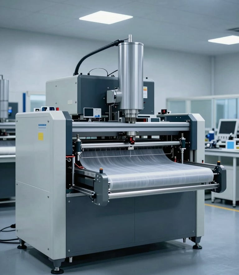 Wide shot of a specialized fabric coating machine in a high-tech South Asian facility, clean slate gray floors, soft blue ambient light, focus on precision engineering.