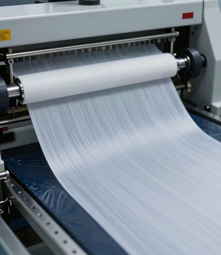 A close-up macro photograph of a high-tech fabric coating process in a modern South Asian industrial facility. The lighting is crisp and professional, highlighting the precision of the machinery and the smooth texture of the fabric. The color palette features deep slate and ice white tones.