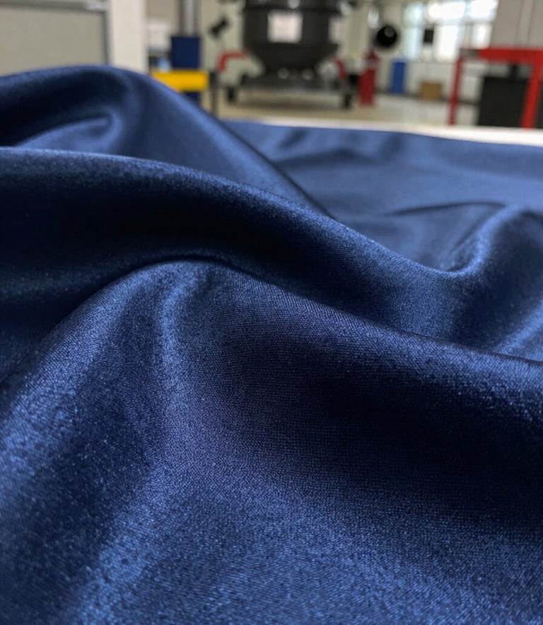 Macro photography of premium silk fabric with a dark blue tint, showing intricate texture and sheen, soft light coming from the side, professional industrial backdrop in South Asian setting.