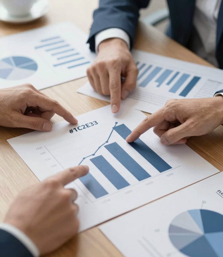 A top-down shot of a business strategy planning session. A wooden table features charts, a coffee cup, and hands pointing to a growth graph. Colors include #1C2E3C and #4A657D. Modern, clean aesthetic emphasizing expertise.