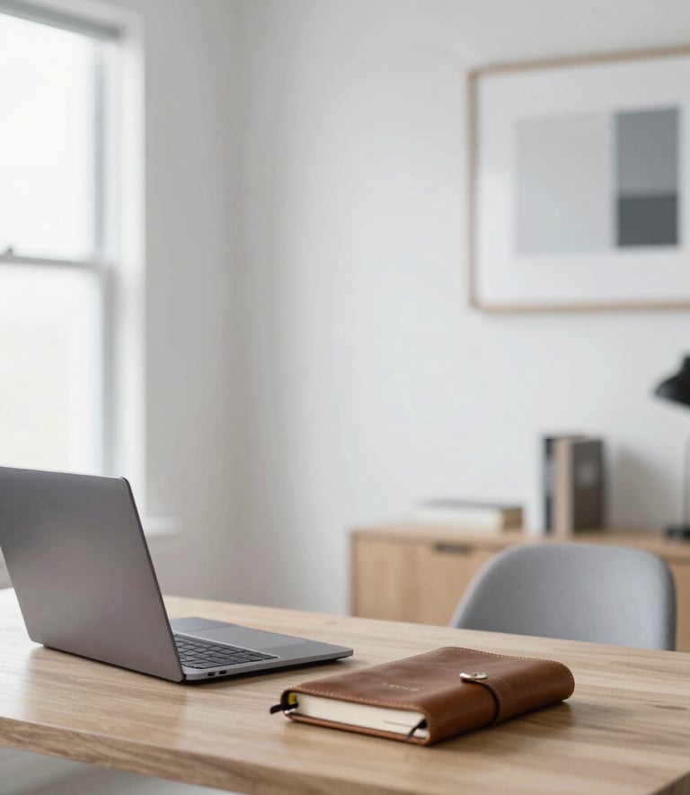 A professional wide-angle shot of a clean home-based office in Crystal Lake, Illinois. The desk features a modern laptop and leather notebook. The lighting is bright and natural, incorporating a palette of #1C2E3C and #E0E6EB in the decor. High-end, professional, and approachable vibe.