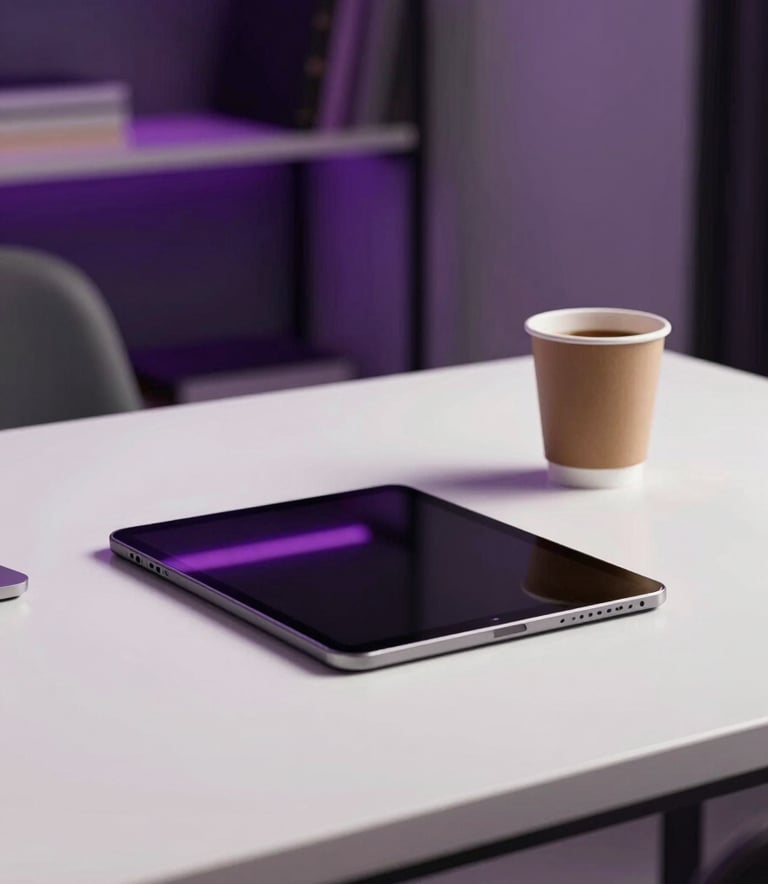 A professional and modern workspace scene in Italy, featuring a clean desk with a tablet and coffee, reflecting a simple and efficient workflow. Accents of deep purple and fuchsia lighting are visible in the background.
