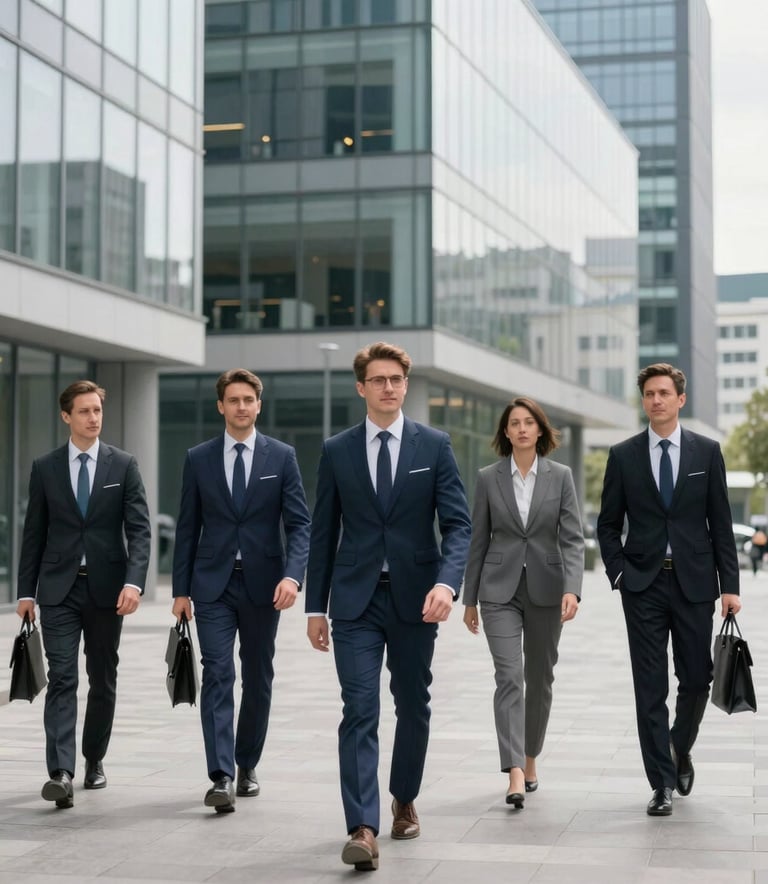 A professional business setting in a Central European / Slovak city, featuring clean lines and modern glass architecture. The atmosphere is reliable and established, with soft daylight and professional businessmen in navy attire.