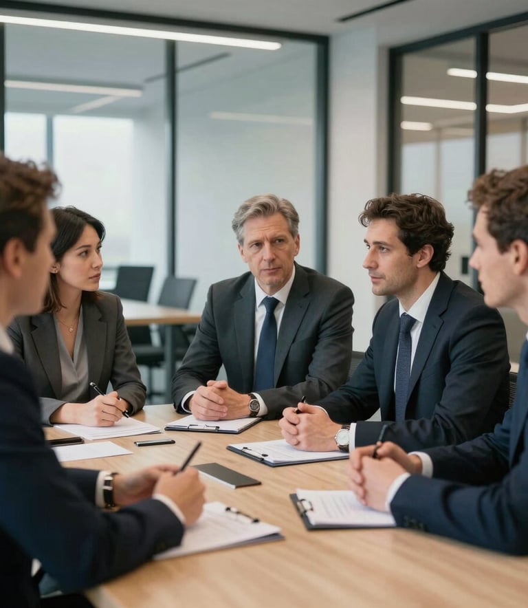 A sharp photograph of a professional business meeting taking place in a modern Bratislava office, people in smart-casual attire discussing retail strategies, corporate and trustworthy style.