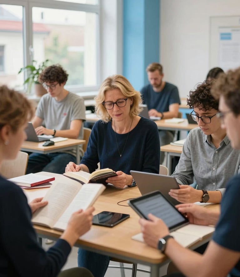 A diverse group of adults participating in a collaborative workshop in a bright, modern educational space in a Central European / Slovak city. People are engaged with books and tablets. The lighting is airy and natural, with interior accents in navy and light blue.