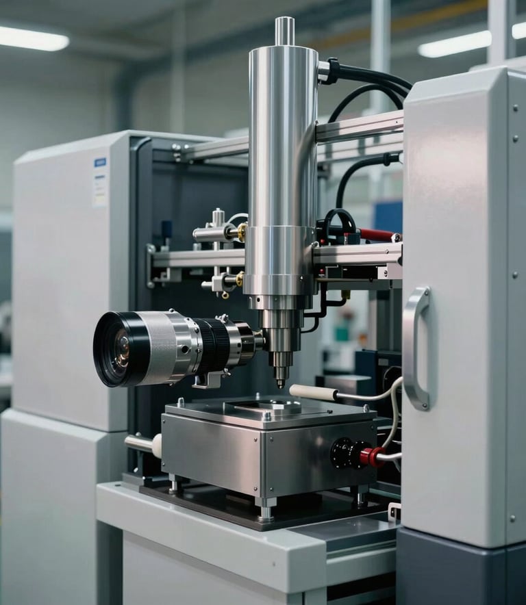 High-precision photography of a clean, modern manufacturing facility for home appliances in Central Europe, featuring sleek metallic components and advanced machinery, soft industrial lighting.