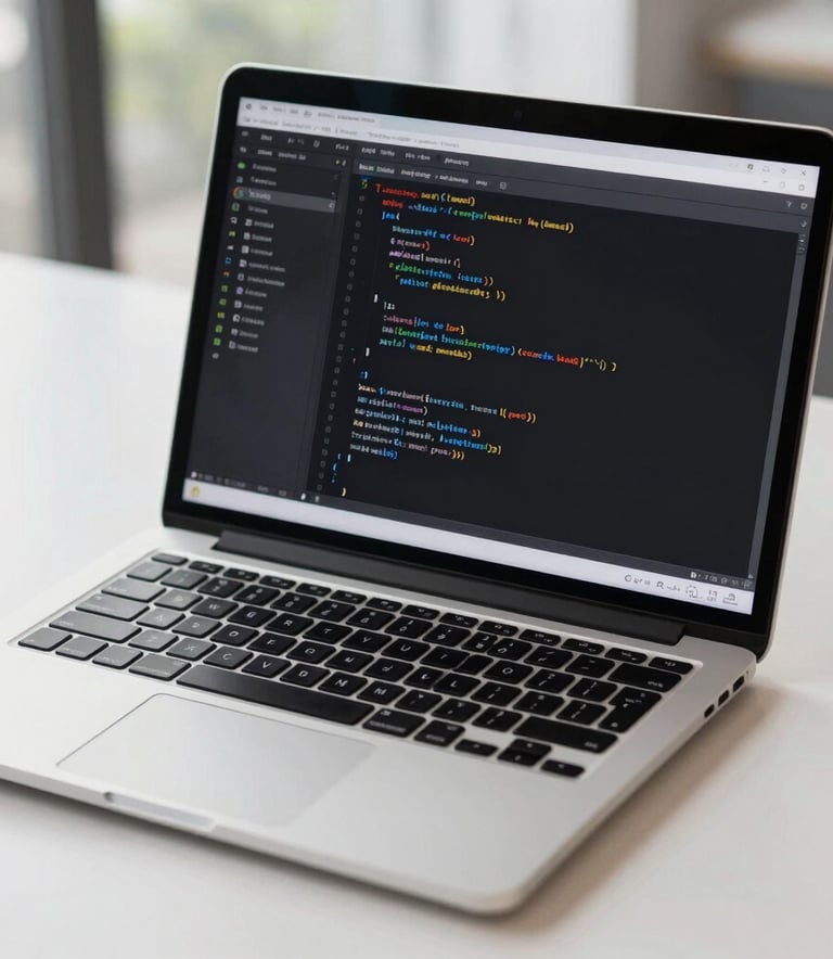 A close-up, high-detail photograph of a professional laptop on a minimalist desk in a North American corporate setting. The screen displays lines of clean software code under soft, natural daylight.