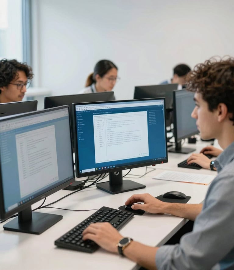A bright North American corporate office setting with natural light, where diverse software engineers collaborate on high-end monitors with slate blue accents, reflecting a professional and innovative mood.