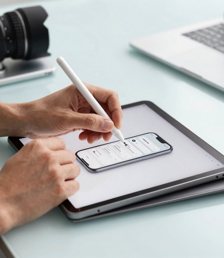 A professional photograph of a designer's hands using a stylus on a high-resolution tablet to sketch a sleek mobile app interface. The setting is a bright, modern studio in North America with light blue and silver tones in the environment.