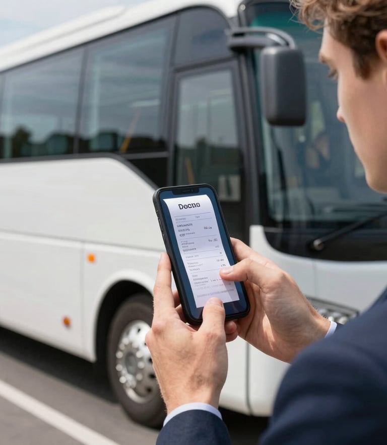 A Western European person holding a smartphone next to a modern coach bus, capturing a photo of a receipt in bright daylight, professional attire.