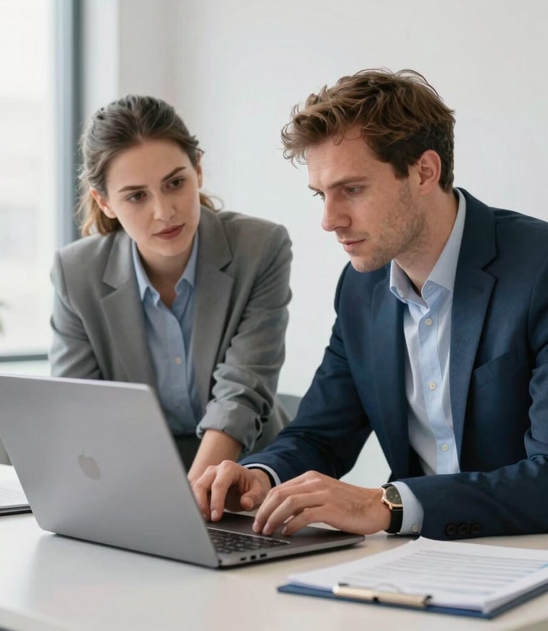 Two transport managers discussing data over a modern laptop in a bright, clean office, professional and efficient atmosphere, Western European / Dutch, slate blue and light gray tones.