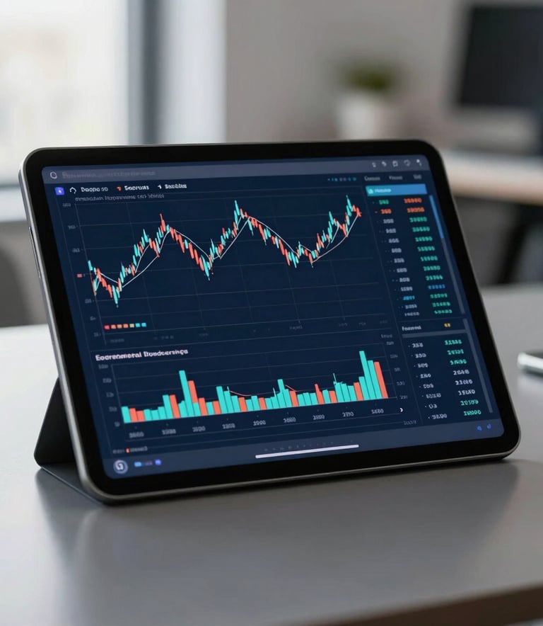 A sharp, modern tablet displaying clean financial charts on a sleek desk, soft natural light, Western European / Dutch corporate office, color palette dark navy and slate blue, emphasizing accuracy.