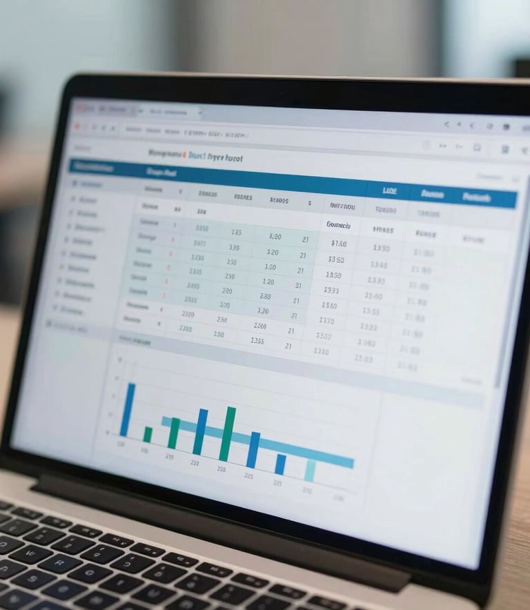 Close-up of a high-tech dashboard displayed on a laptop screen showing cost reports and charts, Western European office environment, lighting in shades of light steel blue and off-white.