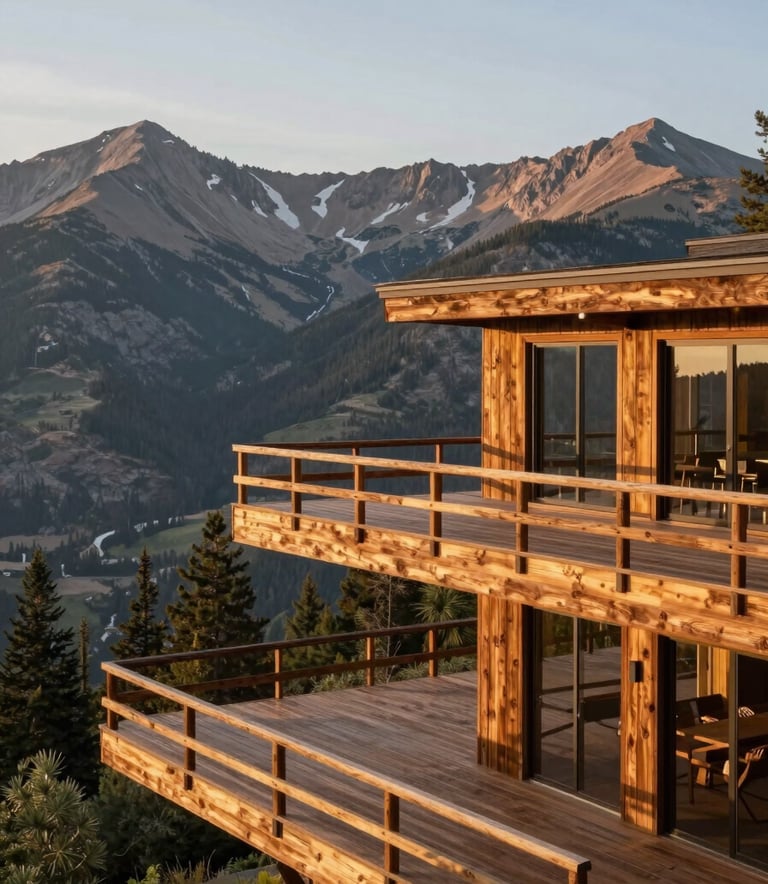 A wide-angle professional photograph of a contemporary multi-level redwood deck overlooking the Colorado Rocky Mountains. The lighting is warm golden hour, highlighting the wood brown and sage green tones of the surrounding landscape. The style is clean and modern.