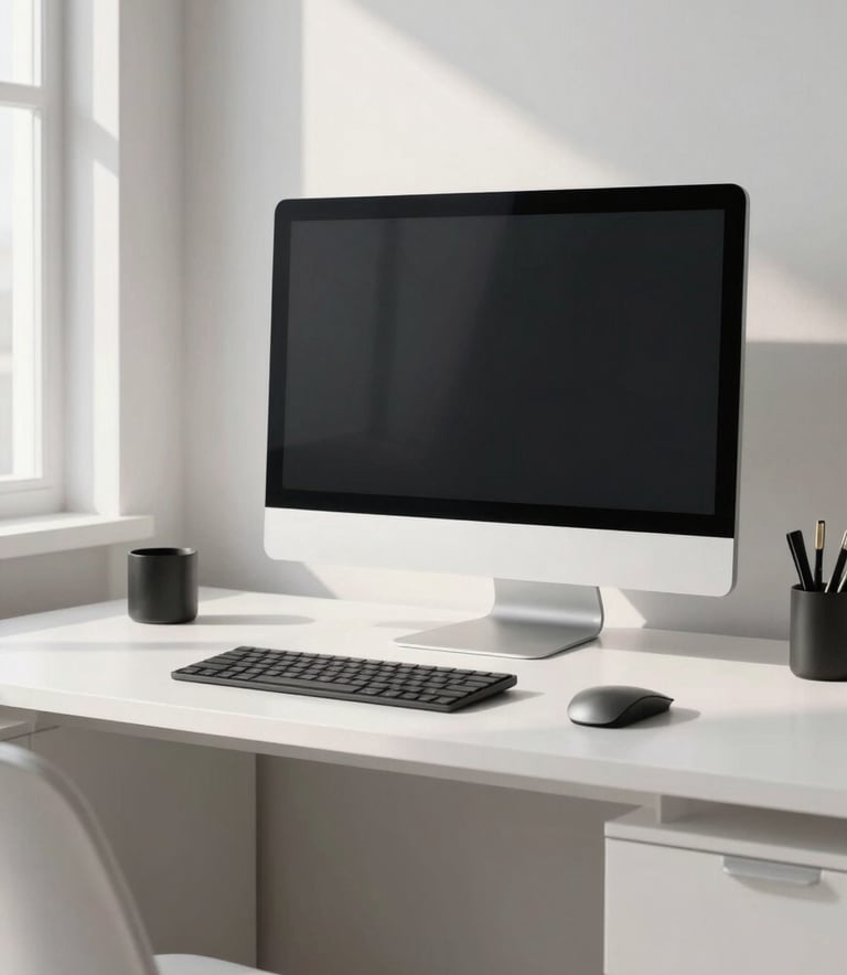 A professional creative workspace with a large monitor, North American / International, minimalist white furniture, soft natural morning light, premium aesthetic.