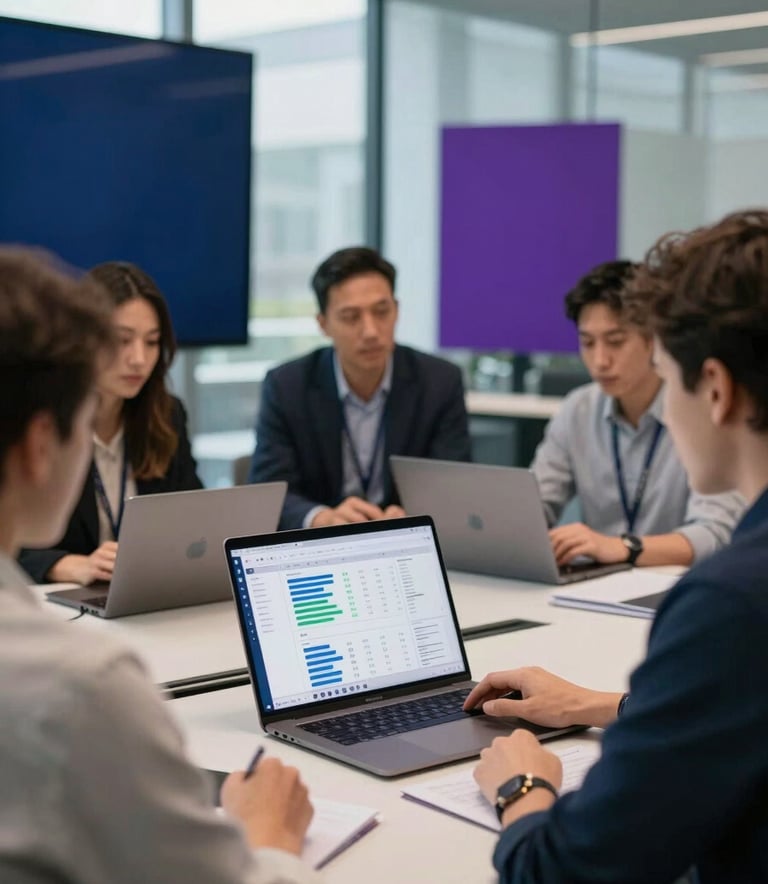 A group of professional software engineers collaborating in a bright, modern glass-walled conference room in a North American / International tech hub. Soft natural light illuminates a high-end laptop displaying a clean analytics dashboard, while elegant dark blue and deep purple design accents are visible in the background.