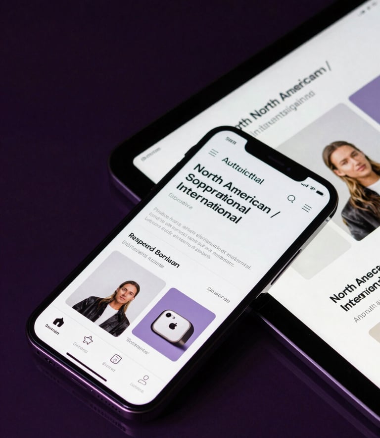 A close-up of a high-end smartphone and tablet displaying a matching responsive e-commerce application, North American / International, set against a dark glass surface with deep violet reflections.