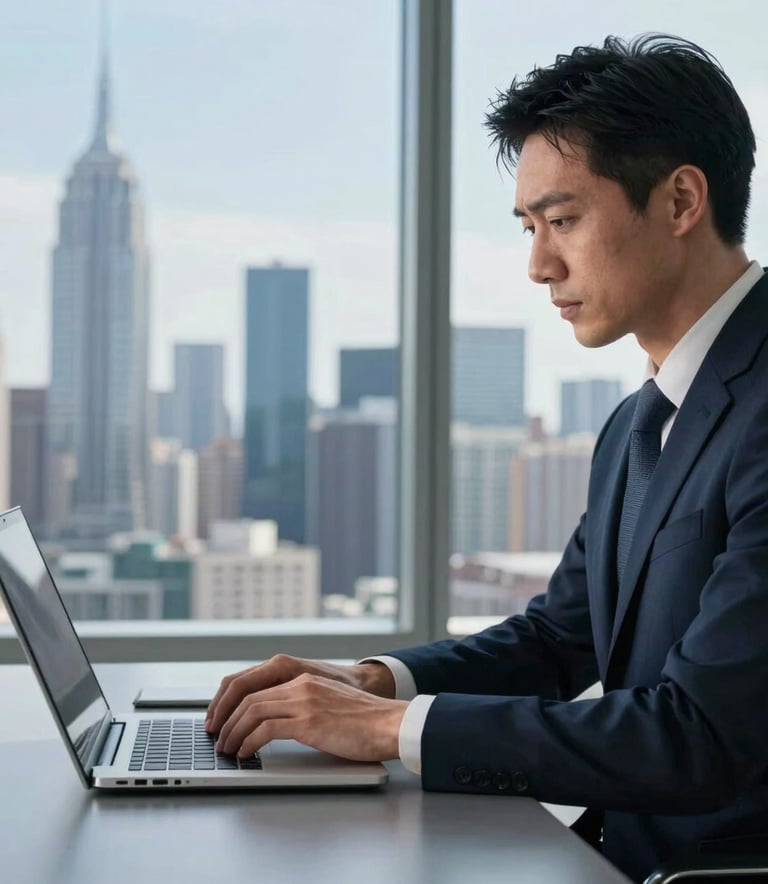 A focused property management professional in a high-rise North American office, working on a laptop with a view of a city skyline. The scene uses deep navy and sky blue tones to convey modern efficiency and trustworthiness.