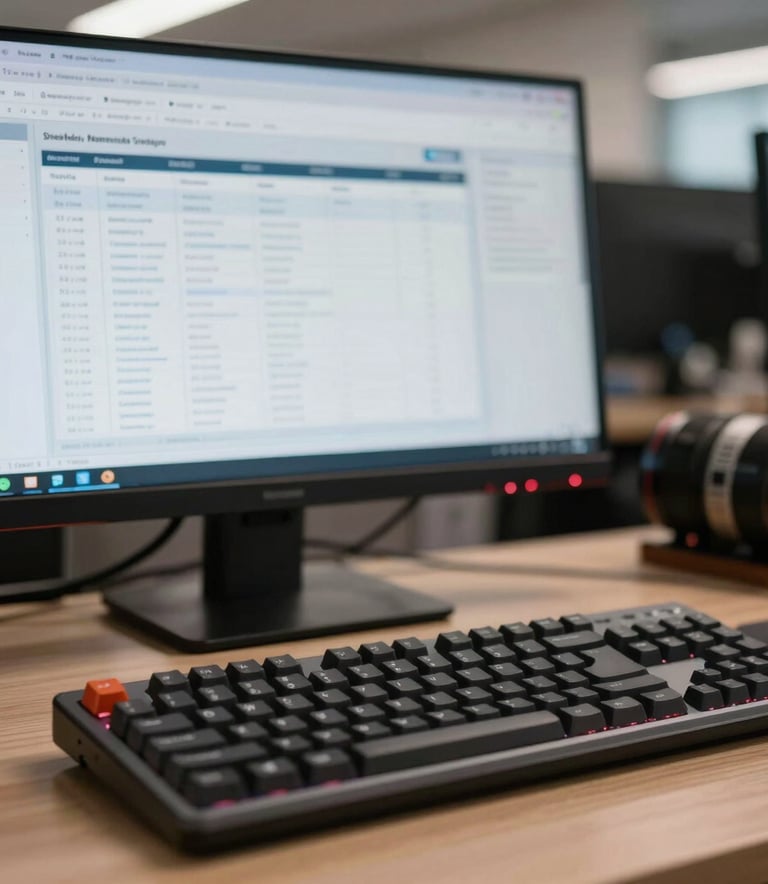 A close-up photograph of a professional workstation in a North American corporate setting, featuring a sleek mechanical keyboard and a high-resolution monitor showing property management software in a soft-focus background.