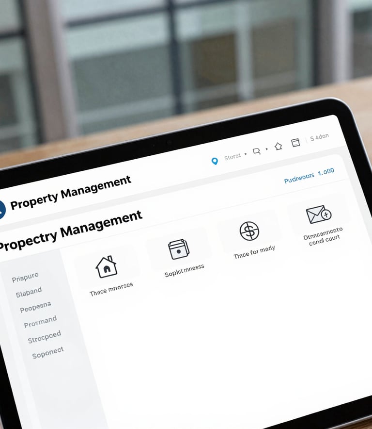 A detailed close-up of a high-resolution tablet showing a clean property management software interface. The device is being used in a professional North American setting with modern glass and steel architectural details in the background.