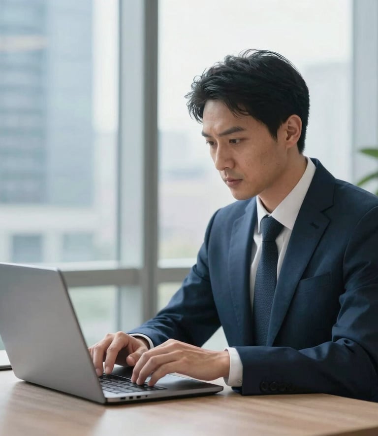 A professional in North American business attire working focusedly at a sleek laptop in a bright, modern office with soft-focus city views in the background. The scene uses natural lighting and a palette of light blue and professional navy tones.