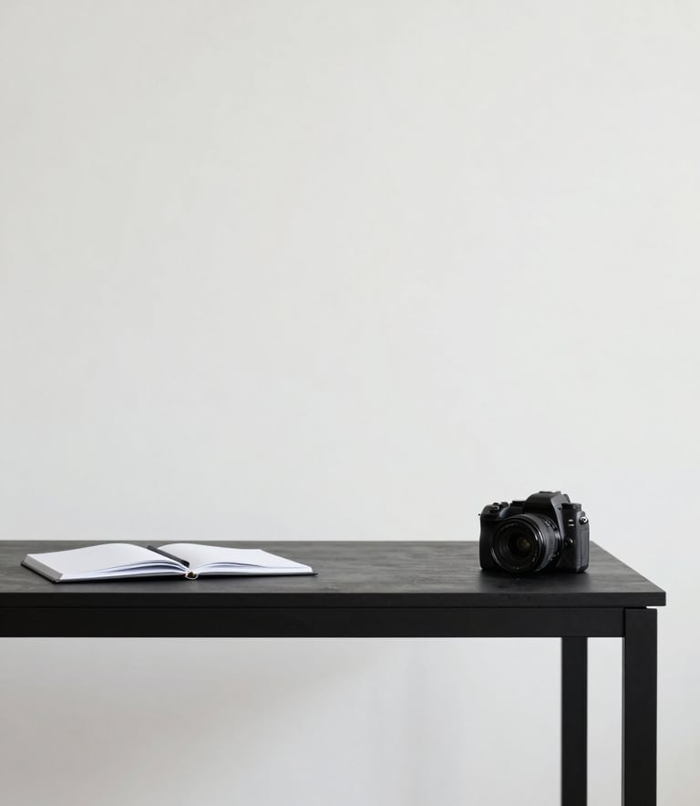 A minimalist creative studio space with clean lines. A sleek black desk #0A0A0A against an off-white wall #F7F7F7. A single open notebook and a professional camera are the only items on the desk. Sophisticated and uncluttered atmosphere.