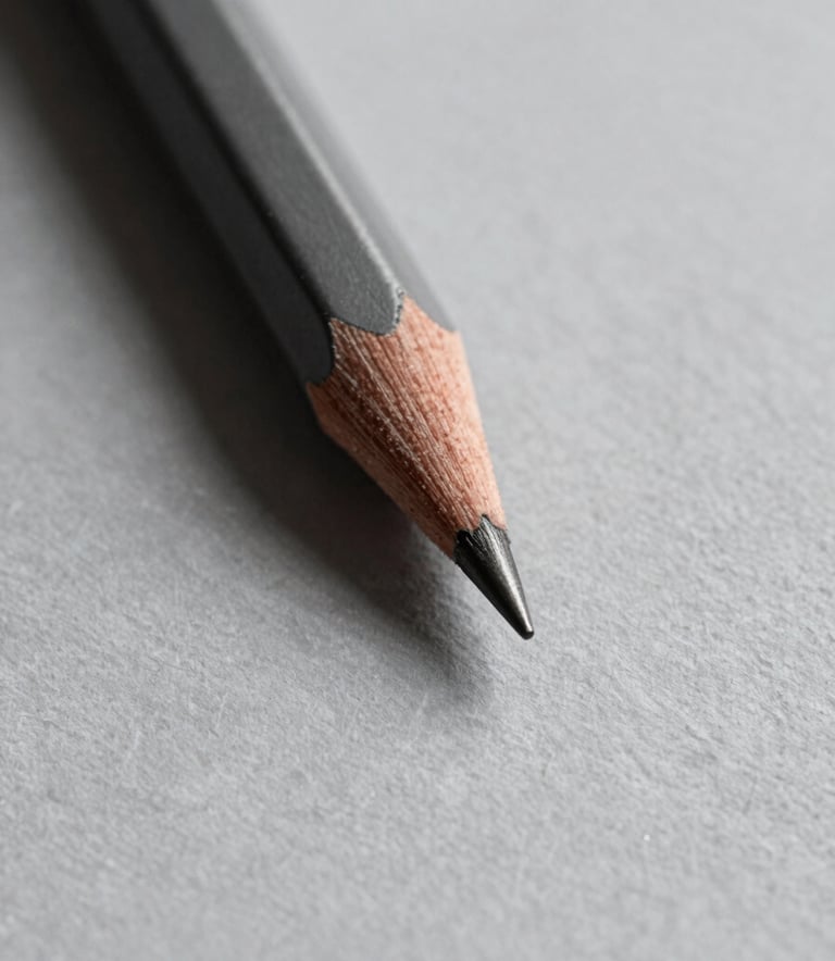 A close-up, high-detail shot of a sharp graphite pencil tip against a textured light gray paper #D9D9D9. Minimalist composition with a focus on precision and sharp edges. Dramatic soft lighting from the side creating subtle shadows in #333333.
