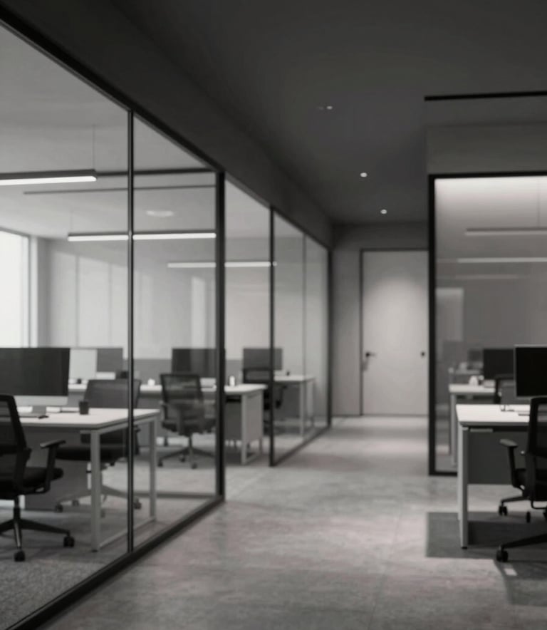 A wide shot of a modern, minimalist creative agency office. Clean lines, glass partitions, and monochrome furniture dominate the space. The lighting is soft and professional, capturing a sophisticated and confident atmosphere using tones of #333333 and #F7F7F7.