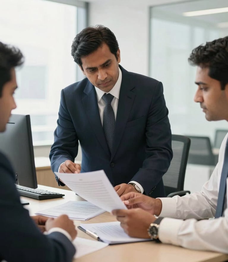A professional South Asian / Indian business meeting in a bright, modern office space. Executives reviewing documents related to pharmaceutical distribution. Trust, authority. Dominant colors: dark navy, off white.