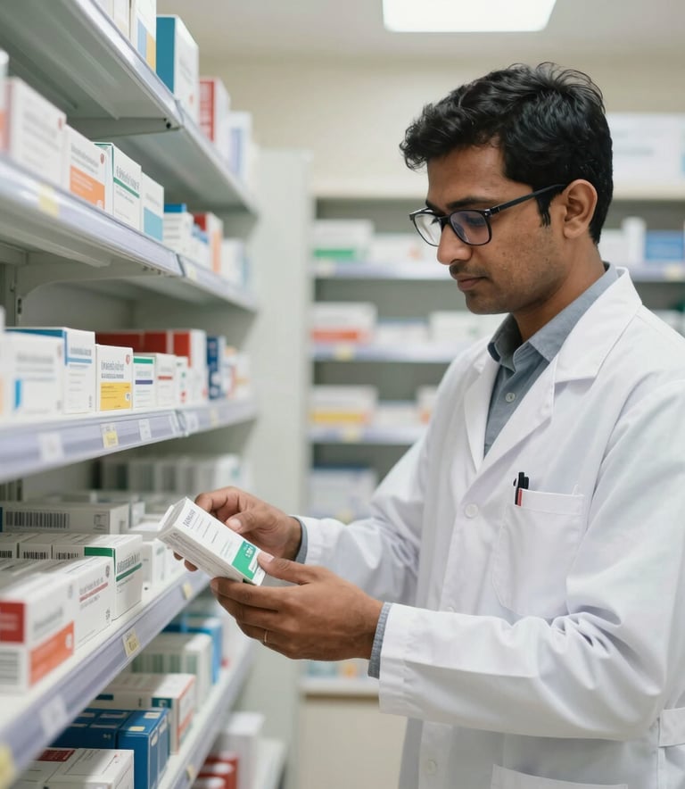 A South Asian pharmacist wearing a white coat and glasses, organizing medicine boxes in a well-lit, modern dispensary.
